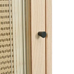 Buffet Haut avec Portes Rotin Plastique et Coulissantes Verre, 6 Compartiments, Pieds Bois Massif, 60x40x100 cm - Naturel