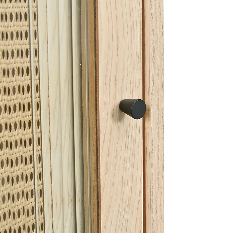 Buffet Haut avec Portes Rotin Plastique et Coulissantes Verre, 6 Compartiments, Pieds Bois Massif, 60x40x100 cm - Naturel
