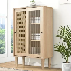 Buffet Haut avec Portes Rotin Plastique et Coulissantes Verre, 6 Compartiments, Pieds Bois Massif, 60x40x100 cm - Naturel