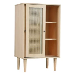 Buffet Haut avec Portes Rotin Plastique et Coulissantes Verre, 6 Compartiments, Pieds Bois Massif, 60x40x100 cm - Naturel