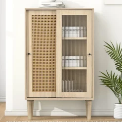Buffet Haut avec Portes Rotin Plastique et Coulissantes Verre, 6 Compartiments, Pieds Bois Massif, 60x40x100 cm - Naturel