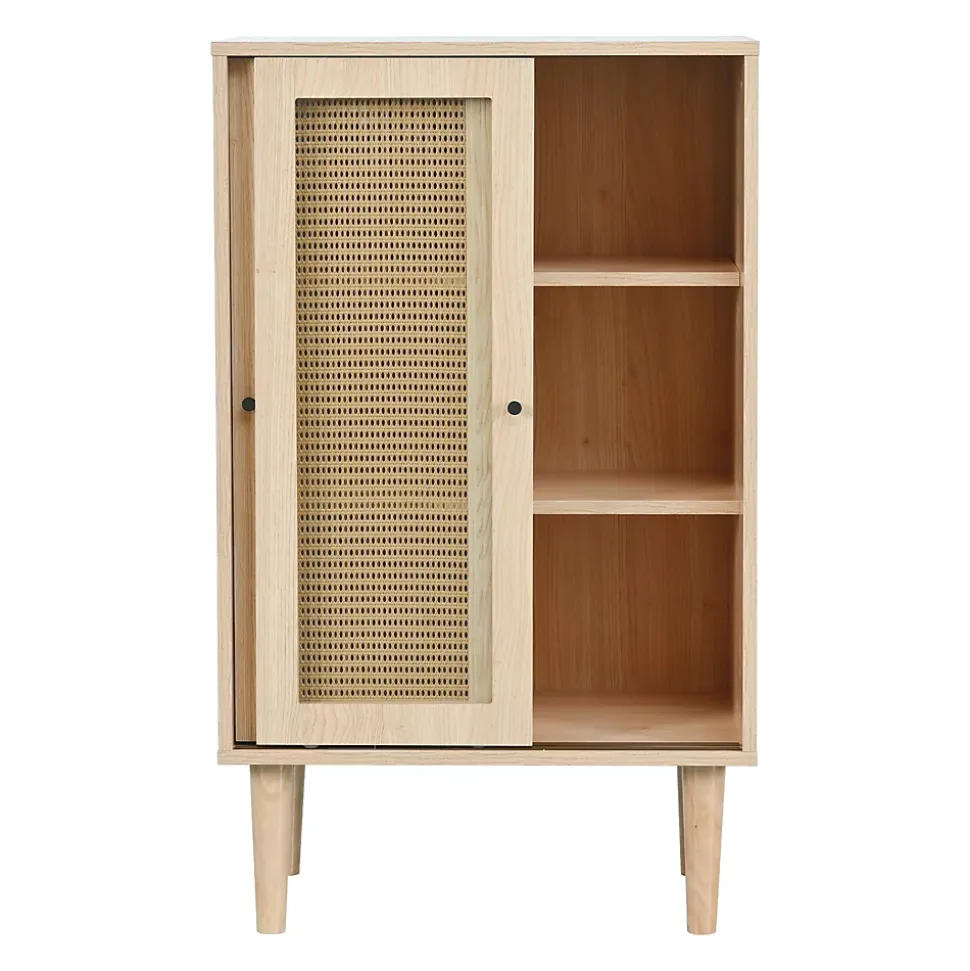 Buffet Haut avec Portes Rotin Plastique et Coulissantes Verre, 6 Compartiments, Pieds Bois Massif, 60x40x100 cm - Naturel