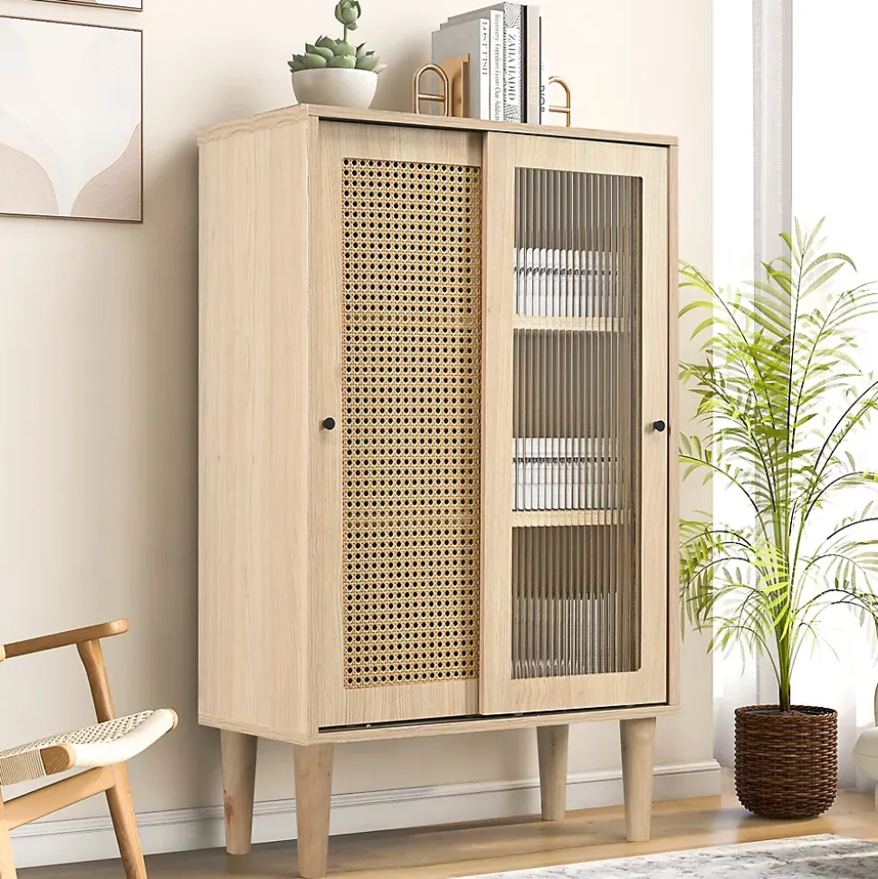 Buffet Haut avec Portes Rotin Plastique et Coulissantes Verre, 6 Compartiments, Pieds Bois Massif, 60x40x100 cm - Naturel