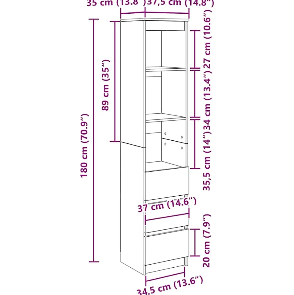 Buffet haut chêne noir 37,5x35x180 cm bois d'ingénierie vidaXL