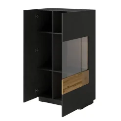 Buffet haut collection KILES deux portes. Coloris gris anthracite et chene. Porte vitrée à droite