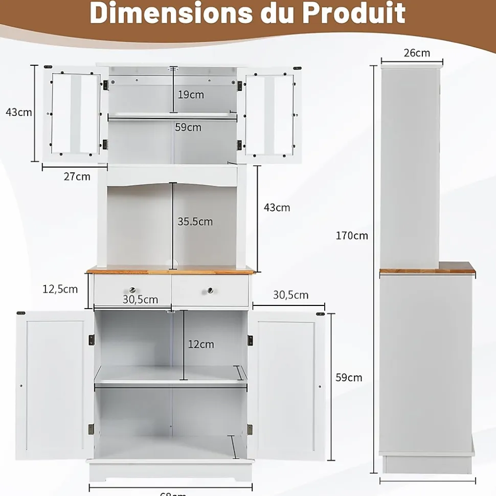 Buffet Haut Cuisine 170cm avec Espace Ouvert-Porte en Verre Trempé-Comptoir Bois d'hévéa-Étagères Réglables Blanc