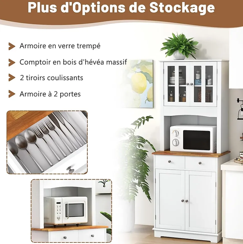 Buffet Haut Cuisine 170cm avec Espace Ouvert-Porte en Verre Trempé-Comptoir Bois d'hévéa-Étagères Réglables Blanc