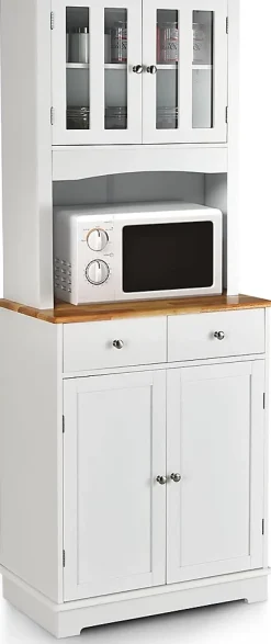 Buffet Haut Cuisine 170cm avec Espace Ouvert-Porte en Verre Trempé-Comptoir Bois d'hévéa-Étagères Réglables Blanc