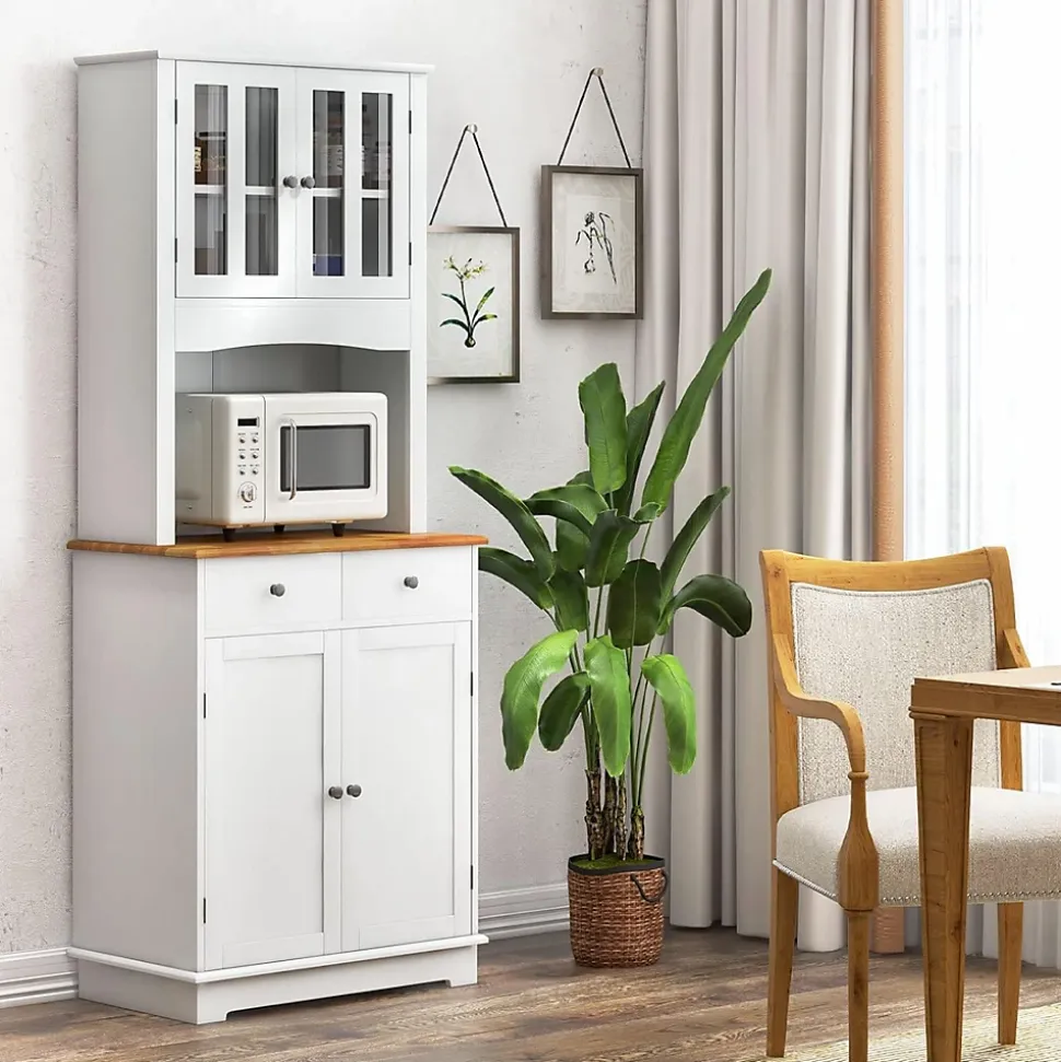 Buffet Haut Cuisine 170cm avec Espace Ouvert-Porte en Verre Trempé-Comptoir Bois d'hévéa-Étagères Réglables Blanc