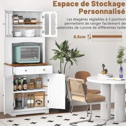 Buffet Haut Cuisine 170cm avec Espace Ouvert-Porte en Verre Trempé-Comptoir Bois d'hévéa-Étagères Réglables Blanc