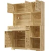 Buffet Haut de Cuisine - LED Intégré et Tiroirs de Rangement, Portes Fermées et Prise USB, Verre et MDF Naturel 120x40x180 cm
