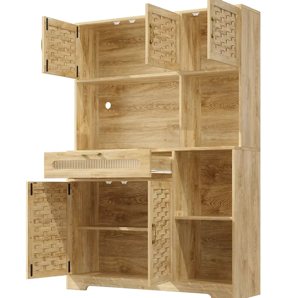 Buffet Haut de Cuisine - LED Intégré et Tiroirs de Rangement, Portes Fermées et Prise USB, Verre et MDF Naturel 120x40x180 cm