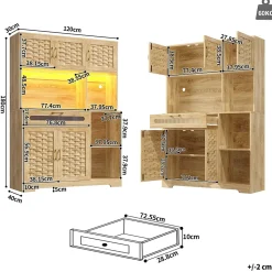 Buffet Haut de Cuisine - LED Intégré et Tiroirs de Rangement, Portes Fermées et Prise USB, Verre et MDF Naturel 120x40x180 cm