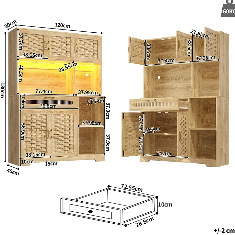 Buffet Haut de Cuisine - LED Intégré et Tiroirs de Rangement, Portes Fermées et Prise USB, Verre et MDF Naturel 120x40x180 cm