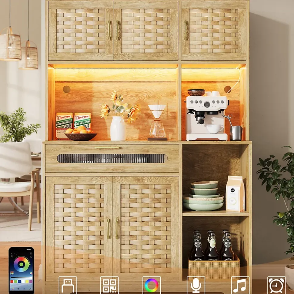 Buffet Haut de Cuisine - LED Intégré et Tiroirs de Rangement, Portes Fermées et Prise USB, Verre et MDF Naturel 120x40x180 cm