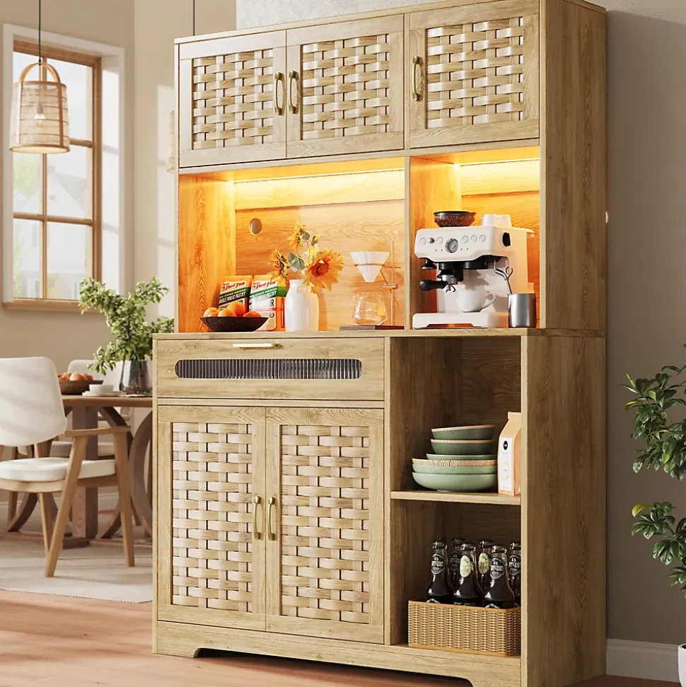 Buffet Haut de Cuisine - LED Intégré et Tiroirs de Rangement, Portes Fermées et Prise USB, Verre et MDF Naturel 120x40x180 cm