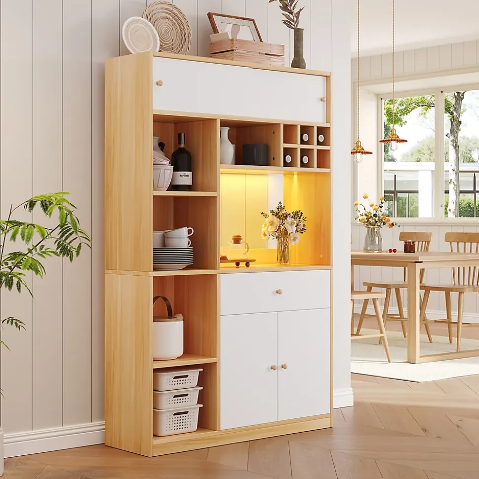 Buffet Haut de Cuisine avec LED, Tiroir, 3 Portes, Rangement Multifonction, Panneaux de Particules, Blanc/Naturel 115x35x180 cm