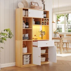 Buffet Haut de Cuisine avec LED, Tiroir, 3 Portes, Rangement Multifonction, Panneaux de Particules, Blanc/Naturel 115x35x180 cm