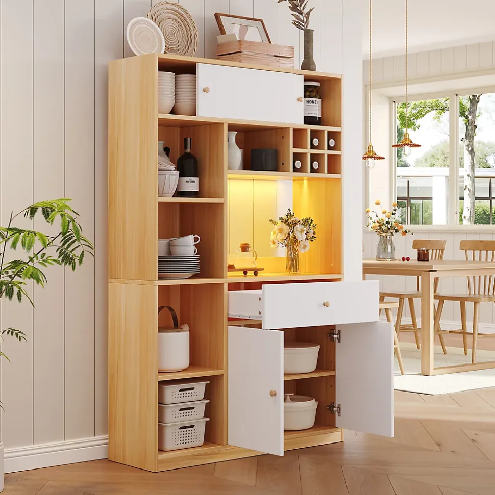 Buffet Haut de Cuisine avec LED, Tiroir, 3 Portes, Rangement Multifonction, Panneaux de Particules, Blanc/Naturel 115x35x180 cm