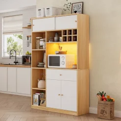 Buffet Haut de Cuisine avec LED, Tiroir, 3 Portes, Rangement Multifonction, Panneaux de Particules, Blanc/Naturel 115x35x180 cm