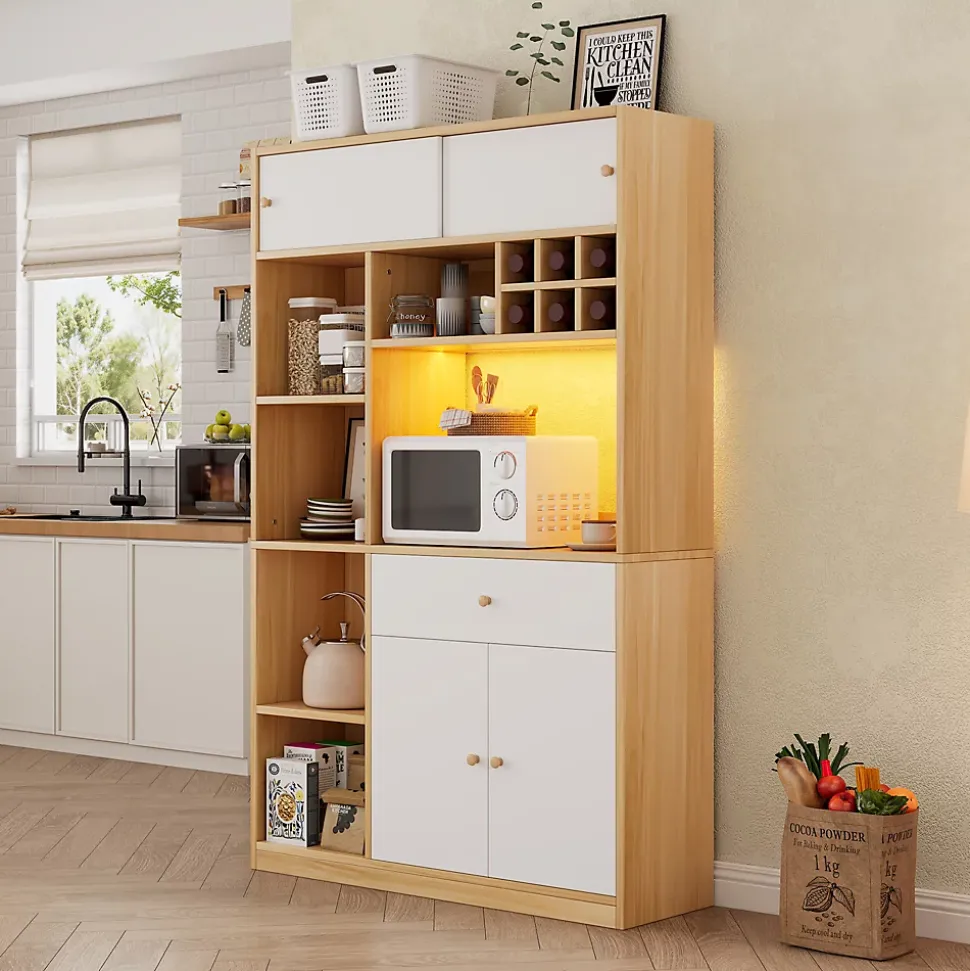 Buffet Haut de Cuisine avec LED, Tiroir, 3 Portes, Rangement Multifonction, Panneaux de Particules, Blanc/Naturel 115x35x180 cm