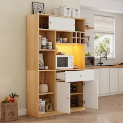 Buffet Haut de Cuisine avec LED, Tiroir, 3 Portes, Rangement Multifonction, Panneaux de Particules, Blanc/Naturel 115x35x180 cm