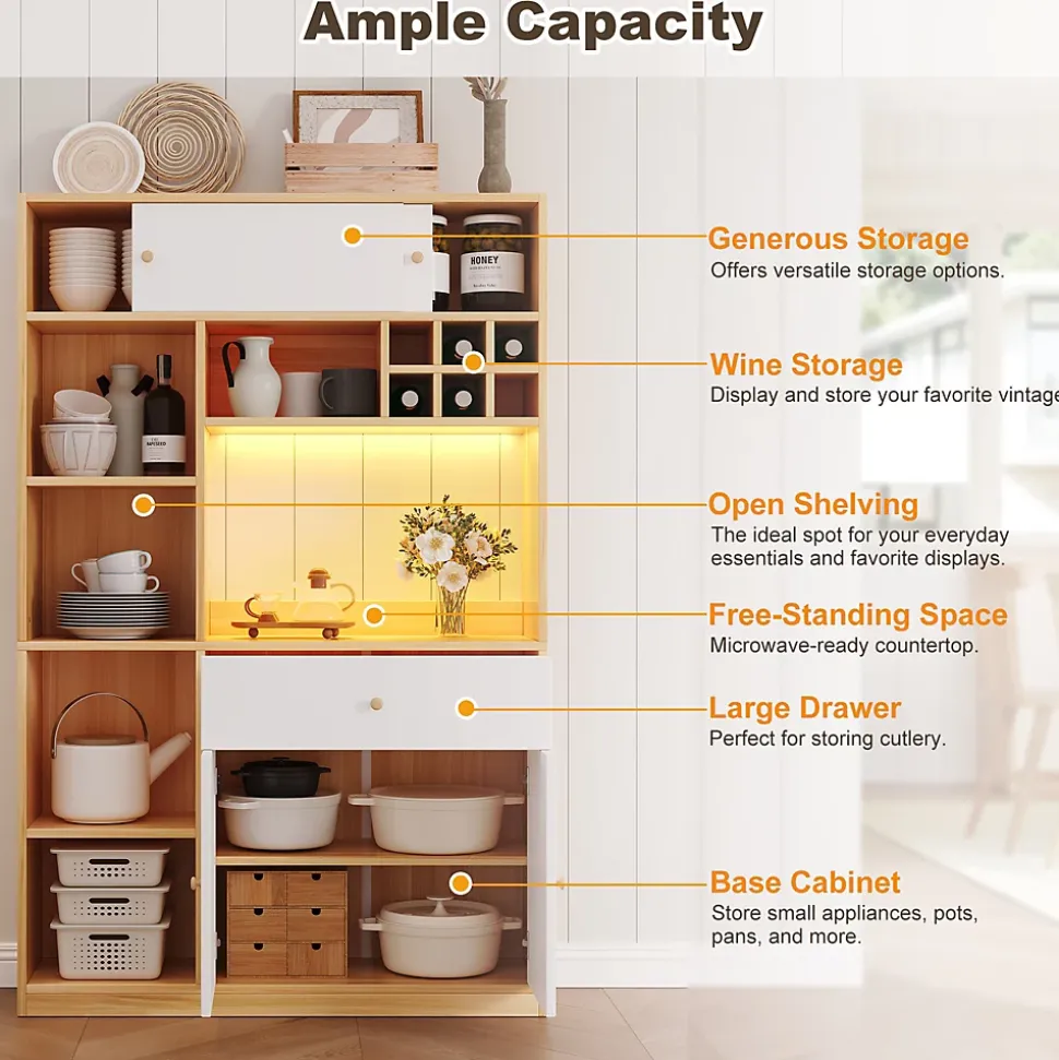 Buffet Haut de Cuisine avec LED, Tiroir, 3 Portes, Rangement Multifonction, Panneaux de Particules, Blanc/Naturel 115x35x180 cm