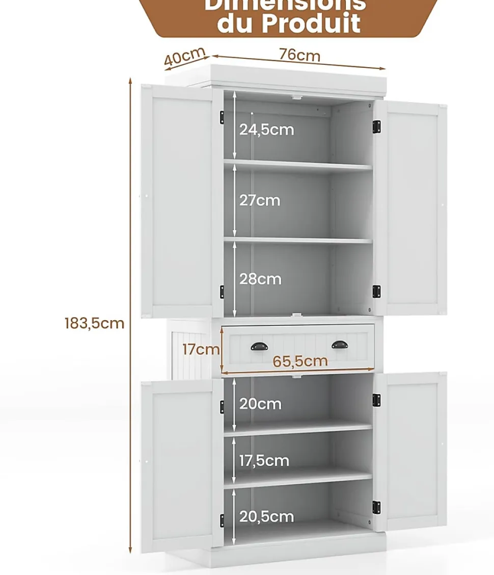 Buffet Haut de Cuisine avec 4 Portes et 2 Tiroirs Étagères Réglables pour Salle à Manger Cuisine Blanc