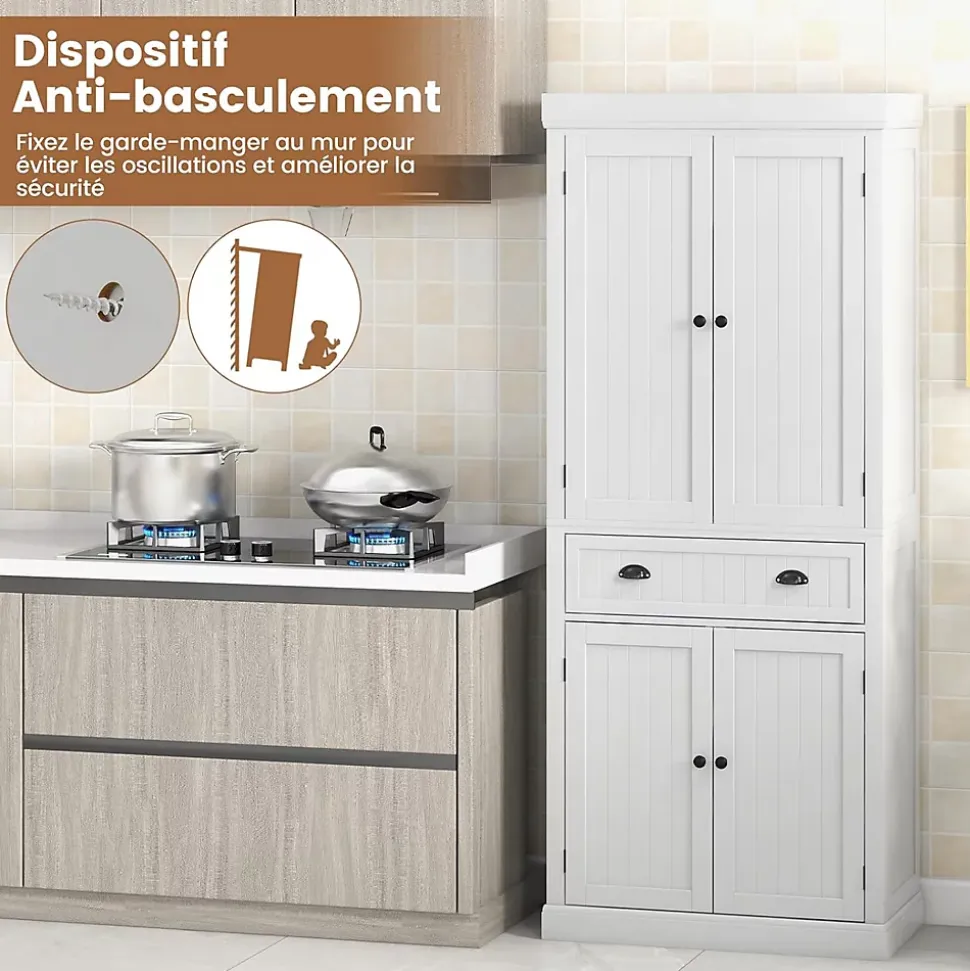 Buffet Haut de Cuisine avec 4 Portes et 2 Tiroirs Étagères Réglables pour Salle à Manger Cuisine Blanc