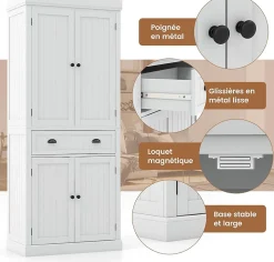 Buffet Haut de Cuisine avec 4 Portes et 2 Tiroirs Étagères Réglables pour Salle à Manger Cuisine Blanc
