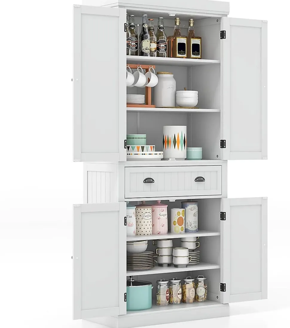 Buffet Haut de Cuisine avec 4 Portes et 2 Tiroirs Étagères Réglables pour Salle à Manger Cuisine Blanc