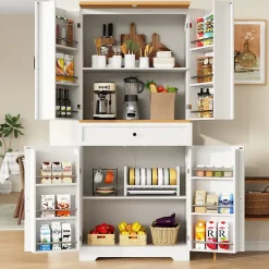 Buffet Haut de Cuisine avec Plateau et 12 Compartiments Fermés - Meuble de Rangement en MDF et Métal, Blanc, 80x40x180 cm