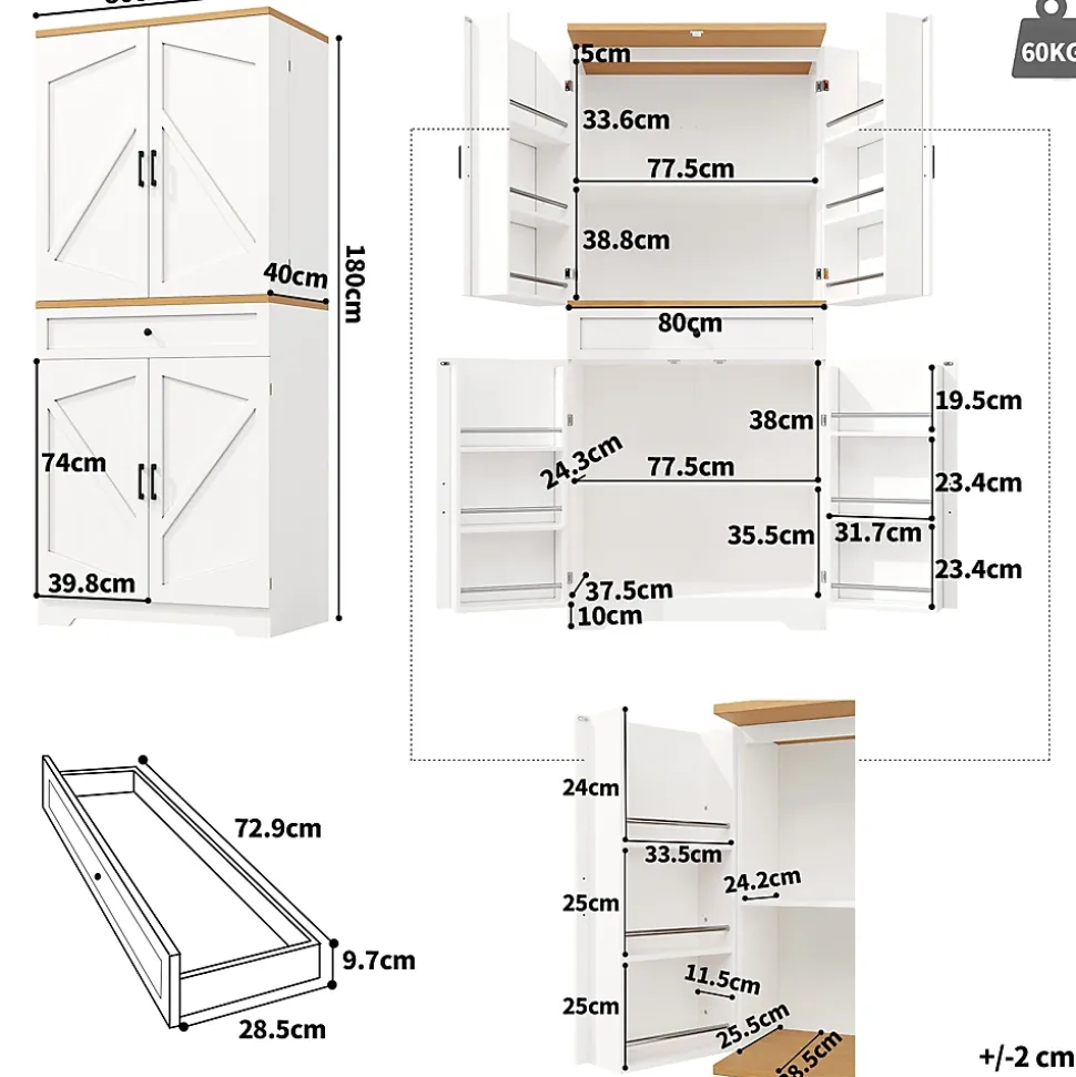 Buffet Haut de Cuisine avec Plateau et 12 Compartiments Fermés - Meuble de Rangement en MDF et Métal, Blanc, 80x40x180 cm