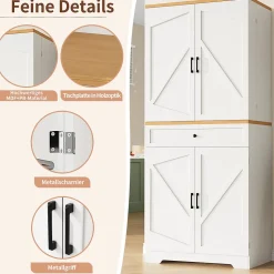 Buffet Haut de Cuisine avec Plateau et 12 Compartiments Fermés - Meuble de Rangement en MDF et Métal, Blanc, 80x40x180 cm