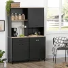Buffet haut design industriel - 3 portes avec étagère, tiroir, niche, grand plateau - piètement métal noir aspect chêne clair