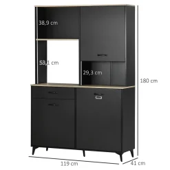 Buffet haut design industriel - 3 portes avec étagère, tiroir, niche, grand plateau - piètement métal noir aspect chêne clair