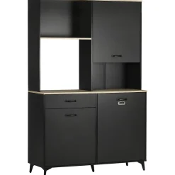 Buffet haut design industriel - 3 portes avec étagère, tiroir, niche, grand plateau - piètement métal noir aspect chêne clair