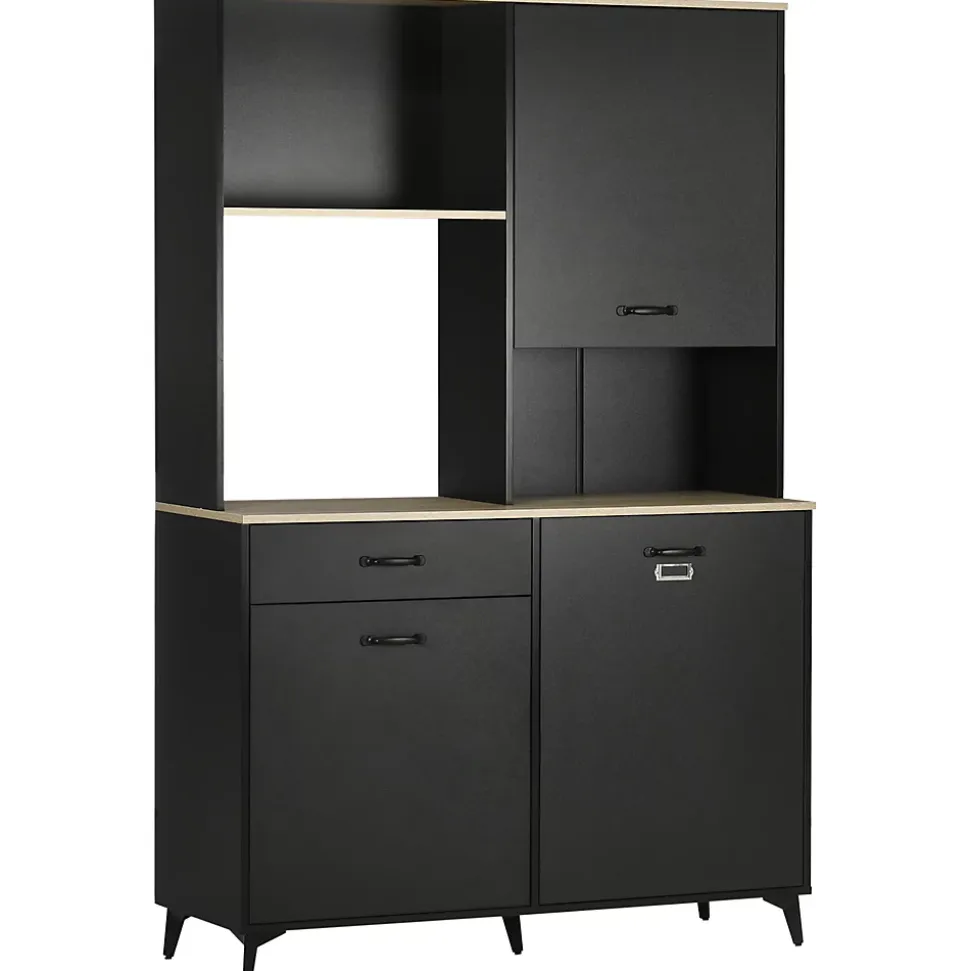 Buffet haut design industriel - 3 portes avec étagère, tiroir, niche, grand plateau - piètement métal noir aspect chêne clair