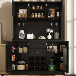 Buffet Haut et Vitrine 2 en 1 avec 4 Portes et 2 Tiroirs, Range-Bouteilles et Étagères Réglables - MDF Noir