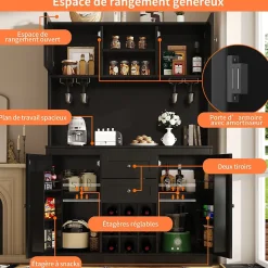 Buffet Haut et Vitrine 2 en 1 avec 4 Portes et 2 Tiroirs, Range-Bouteilles et Étagères Réglables - MDF Noir