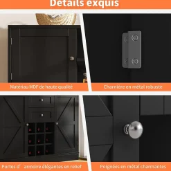 Buffet Haut et Vitrine 2 en 1 avec 4 Portes et 2 Tiroirs, Range-Bouteilles et Étagères Réglables - MDF Noir