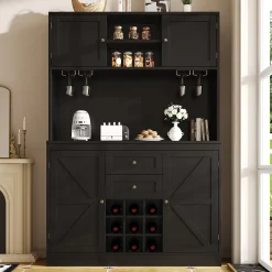 Buffet Haut et Vitrine 2 en 1 avec 4 Portes et 2 Tiroirs, Range-Bouteilles et Étagères Réglables - MDF Noir