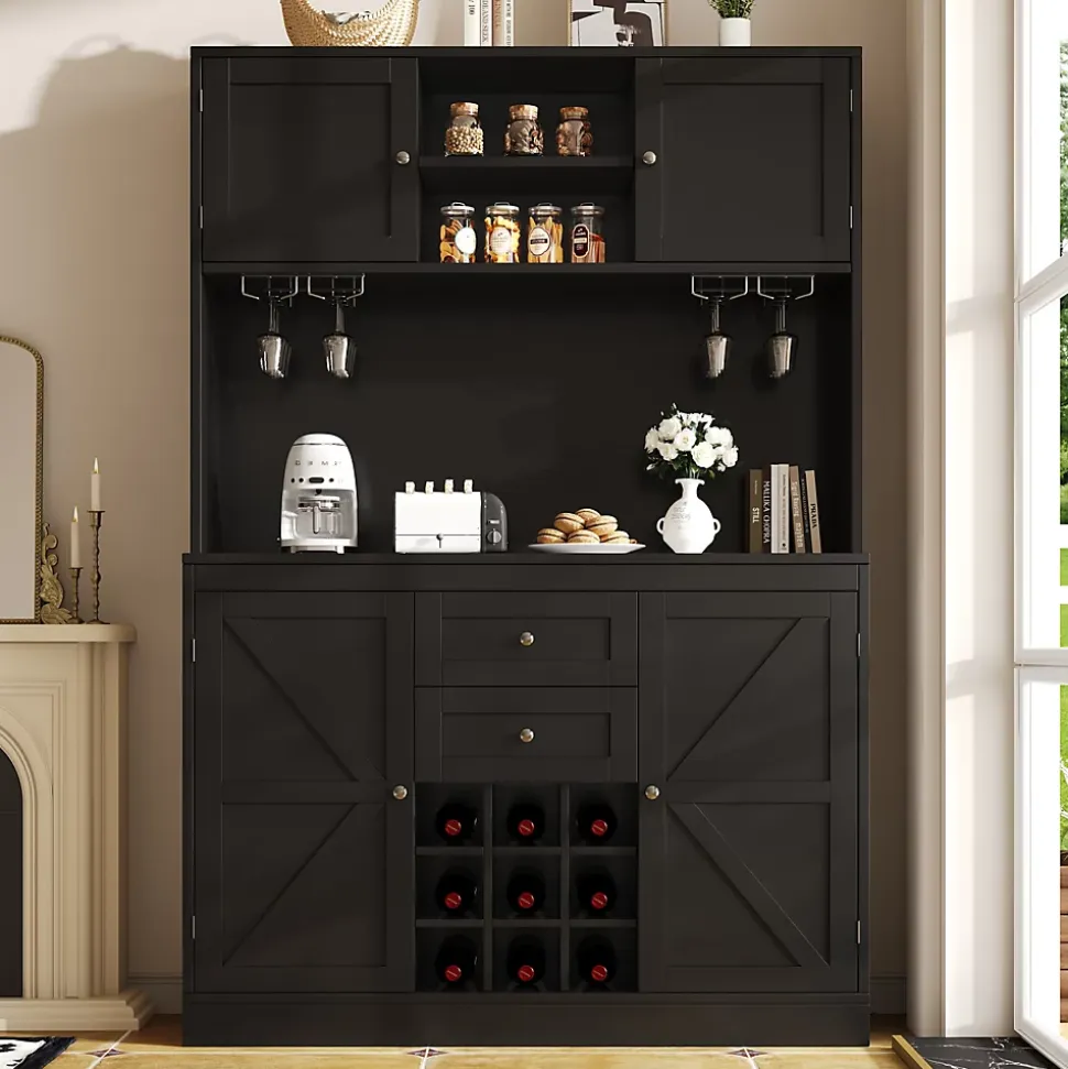 Buffet Haut et Vitrine 2 en 1 avec 4 Portes et 2 Tiroirs, Range-Bouteilles et Étagères Réglables - MDF Noir