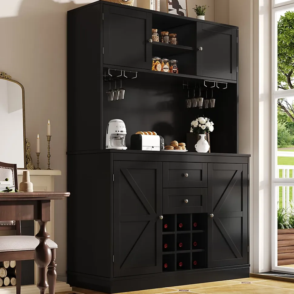 Buffet Haut et Vitrine 2 en 1 avec 4 Portes et 2 Tiroirs, Range-Bouteilles et Étagères Réglables - MDF Noir