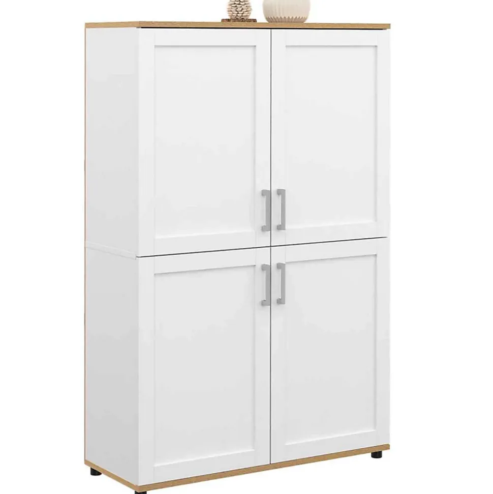 Buffet haut H. 125 cm VITO 4 portes blanc et bois