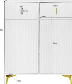 Buffet haut laqué blanc et bois, design sans poignées, portes inclinées, charnières amorties