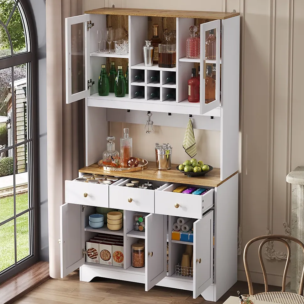 Buffet Haut Moderne avec 5 Portes, 1 Tiroir et 1 Niche, Bahut Salle à Manger Salon en MDF, 94,5x30x175,5 cm, Blanc et Bois