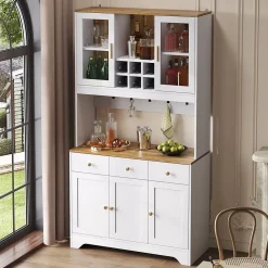 Buffet Haut Moderne avec 5 Portes, 1 Tiroir et 1 Niche, Bahut Salle à Manger Salon en MDF, 94,5x30x175,5 cm, Blanc et Bois