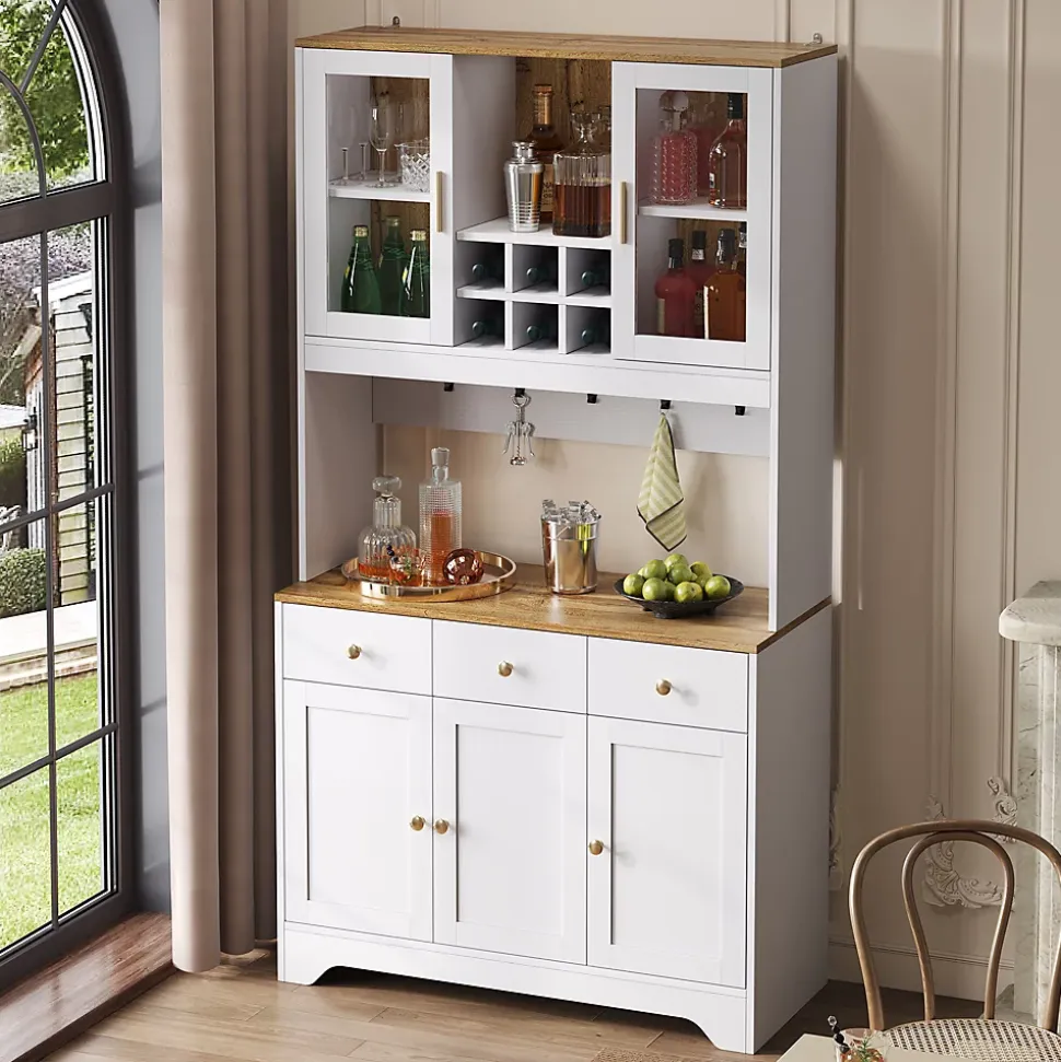 Buffet Haut Moderne avec 5 Portes, 1 Tiroir et 1 Niche, Bahut Salle à Manger Salon en MDF, 94,5x30x175,5 cm, Blanc et Bois