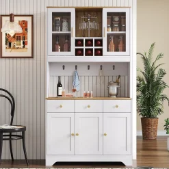 Buffet Haut Moderne avec 5 Portes, 1 Tiroir et 1 Niche, Bahut Salle à Manger Salon en MDF, 94,5x30x175,5 cm, Blanc et Bois